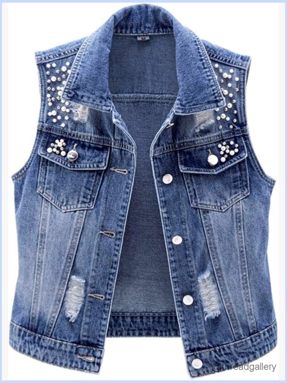 Sleeveless Denim Jean Vest Pearls Beaded Jacket Coat Women